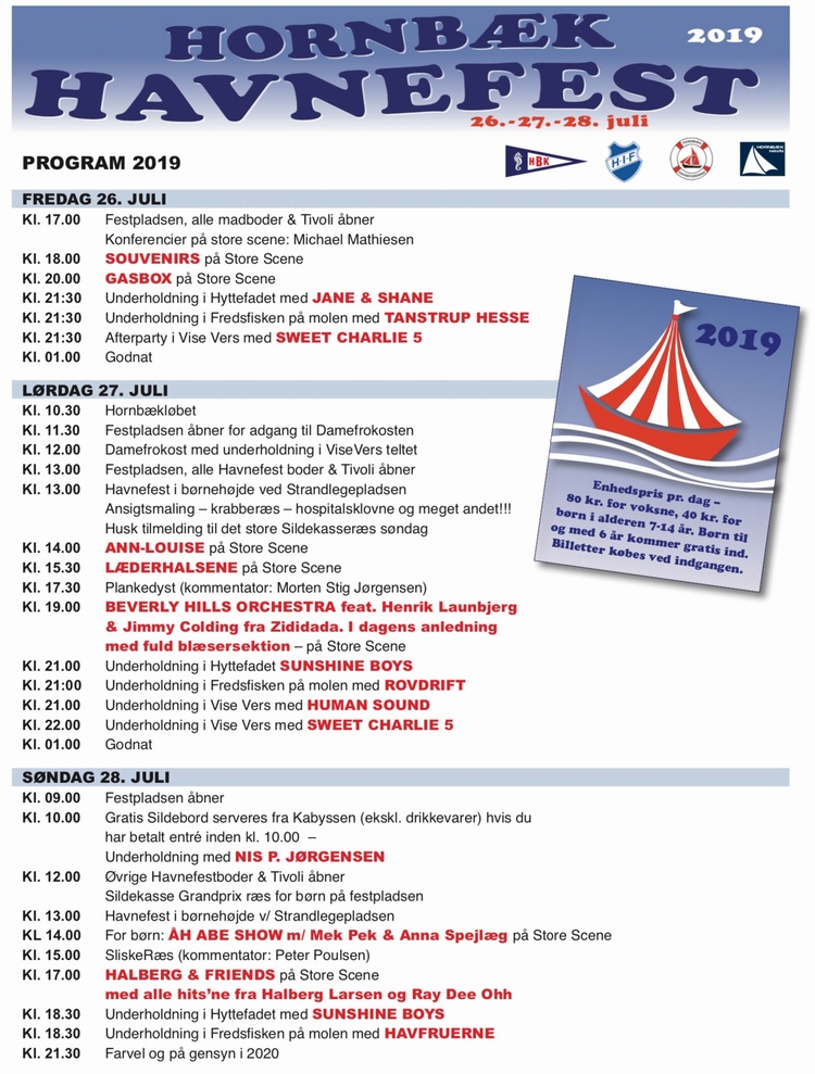 Hornb&aelig;k Havnefest 2019 med program og priser